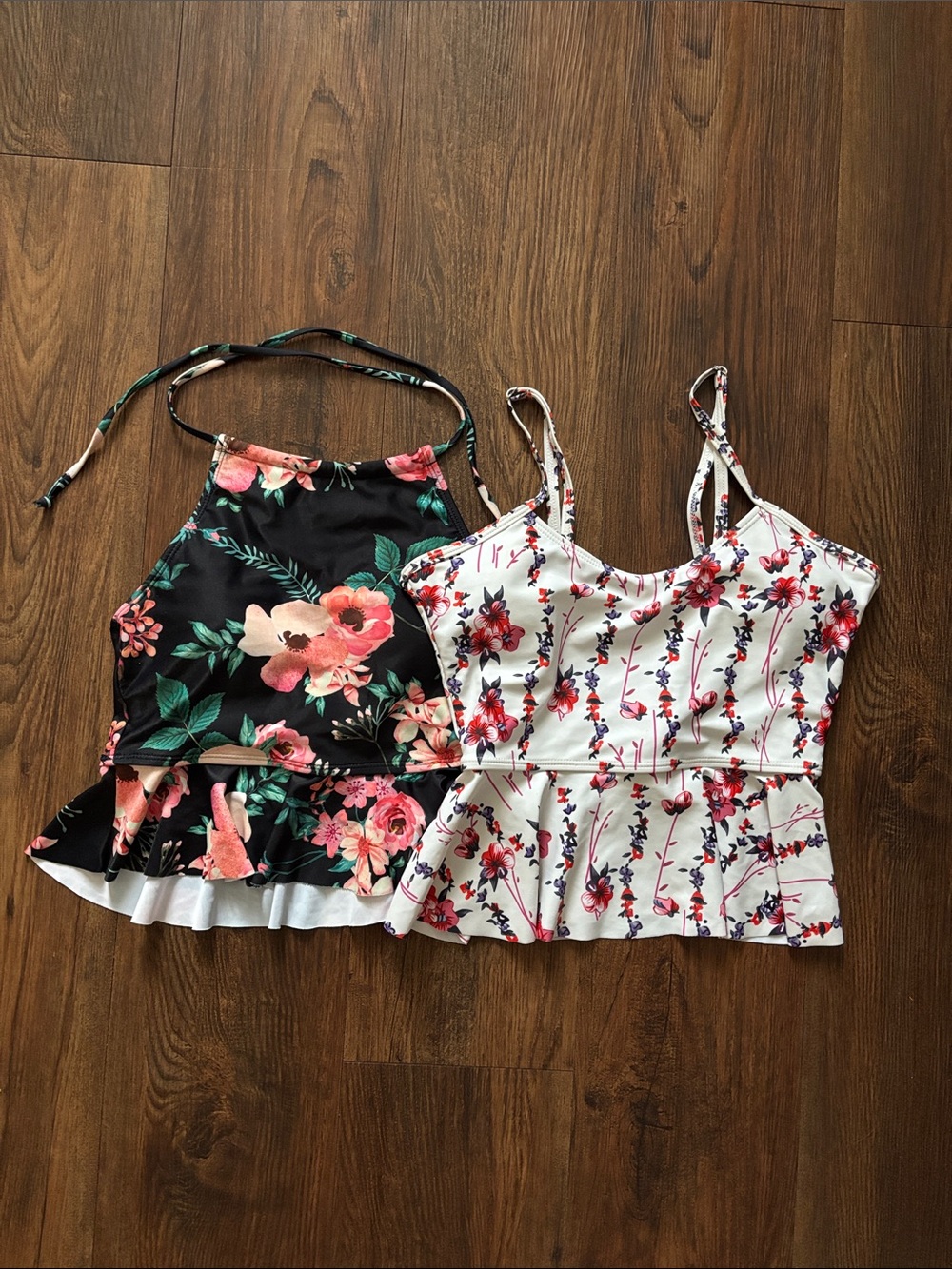TWO FOR ONE! SHEIN Floral Peplum Camisole Swim Tops Black Floral & White Floral